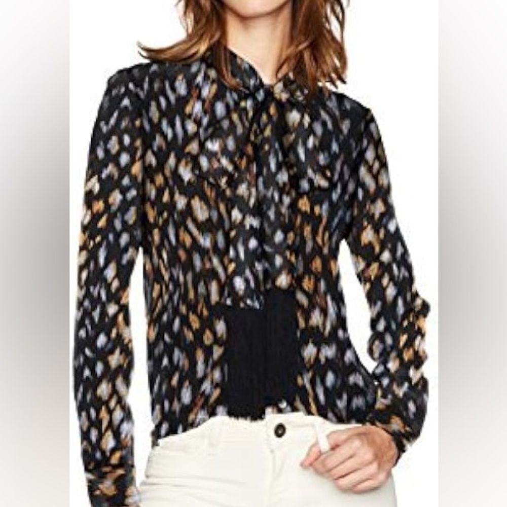 Equipment Silk Blouse Women Medium Essential Tie‎ Neck Black Abstract Ikat Black